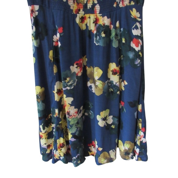 Maeve Anthropologie Evaline Blue Yellow Floral Dress Small Cap Sleeves Smocked - Picture 6 of 11